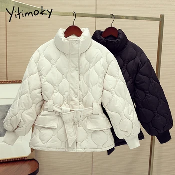 Yitimoky 2021-Ig Téli Kabát, Női Kabát, Állítható Derék Vintage Vékony Ruházat Meleg Koreai Szilárd Zsebbel Divat Pamut Zubbonyok