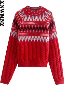 XNWMNZ za pulóver nők kábel kötésű jacquard Női pulóver kerek nyakú, hosszú ujjú, laza Őszi Pulóver Piros Új Év ruházat