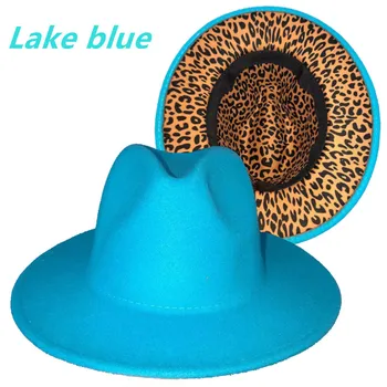 Kék tó fedora kalap belső leopárdmintás új Panama éreztem, kalapos férfiak, mind a nők jazz fedora kalap sapka kék női шапка женская