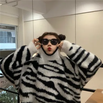 Koreai Laza Zebra Mintás Kötött Pulóver Nők 2020-As Őszi Téli Új, Hosszú ujjú Pulóver Maximum Outwear Pulóver