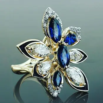 JK Luxus Arany Színű Virág Design Esküvői Női Gyűrű Üreges Dupla Réteg White & Blue Cirkónia Nemes Női Gyűrű