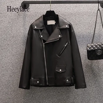 Plus Size Kabát Női Fekete Műbőr Kabát Cipzár Kabát Kapcsolja le Motor Motoros Kabát Veste Femme őszi téli kabát 4XL