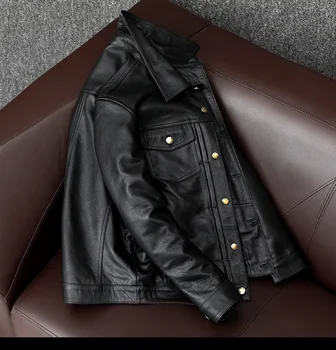 Ingyenes szállítás.Új valódi Bőr kabát.értékesítés.fekete alkalmi slim marhabőr kabát.férfi ruházat, bőr ruházat.téli bőr ruhák 4