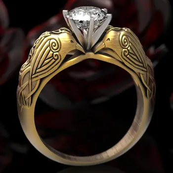 Új kreatív Ókori Egyiptom Holló Totem Gyűrű Luxus 18KGP sárga arany gyűrű Divat Ékszerek Vintage Nagy Fehér Kő Fél Gyűrűk