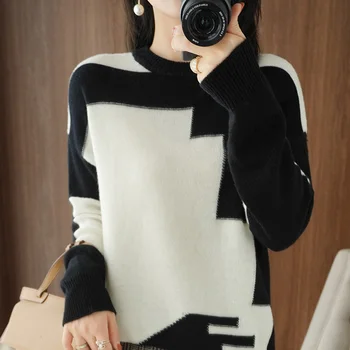 Női kerek nyakú pulóver fekete-fehér varrás kasmír pulóver 21 őszi-téli meleg pulóver pulóver