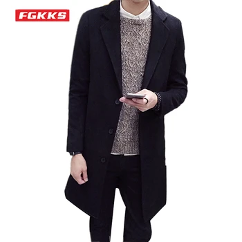 FGKKS Új Férfi Kabát Gyapjúból koreai Stílus Téli Slim egysoros egyszínű Férfi Árok Üzleti Alkalmi Kabát Gyapjúból
