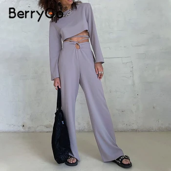 BerryGo Szilárd alkalmi beállítja, hogy a nők a Divat gyűrű csatok zsebében két darab készletek Hosszú ujjú csipke egyenes nadrág öltöny irodai hölgy