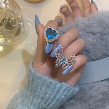 Koreai Divat Kék Drágakövek Kristály Szív Állítható Gyűrű Női Hölgy Elegáns Cirkon Pillangó Fél Gyűrű, Ékszerek, Ajándékok