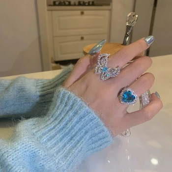 Koreai Divat Kék Drágakövek Kristály Szív Állítható Gyűrű Női Hölgy Elegáns Cirkon Pillangó Fél Gyűrű, Ékszerek, Ajándékok 1