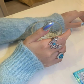 Koreai Divat Kék Drágakövek Kristály Szív Állítható Gyűrű Női Hölgy Elegáns Cirkon Pillangó Fél Gyűrű, Ékszerek, Ajándékok 2