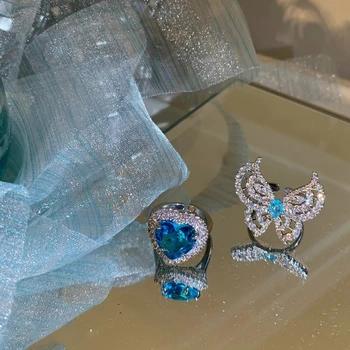 Koreai Divat Kék Drágakövek Kristály Szív Állítható Gyűrű Női Hölgy Elegáns Cirkon Pillangó Fél Gyűrű, Ékszerek, Ajándékok 3