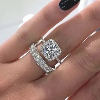 Huitan Divat Esküvői Szettek Gyűrűk Nők Bling Bling Cirkónia Luxus Ezüst Színű Gyűrűk Modern Design Ékszer