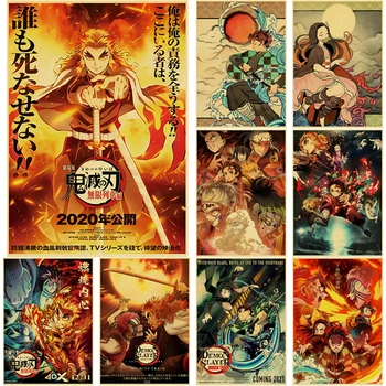 Anime Démon Vadász Régi Plakátok Kimetsu Nem Yaiba Kamado Nezuko Kraft Papír Matrica DIY Szoba, Bár, Kávézó Art Dekor falfestés