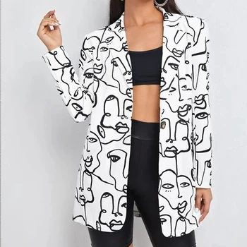Fehér Absztrakt Arc Nyomtatás Egyetlen Gomb Blézer Női Kabát Streetwear Őszi Plus Size Elegáns Office Lady Kabát Amerikai Maximum
