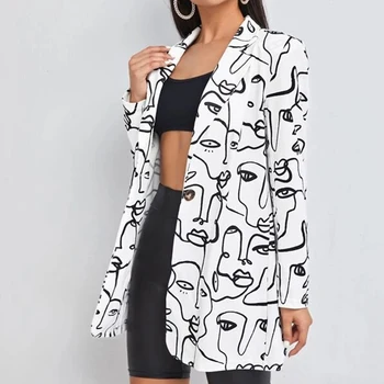 Fehér Absztrakt Arc Nyomtatás Egyetlen Gomb Blézer Női Kabát Streetwear Őszi Plus Size Elegáns Office Lady Kabát Amerikai Maximum 1
