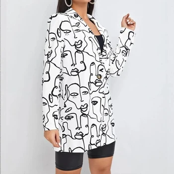 Fehér Absztrakt Arc Nyomtatás Egyetlen Gomb Blézer Női Kabát Streetwear Őszi Plus Size Elegáns Office Lady Kabát Amerikai Maximum 2
