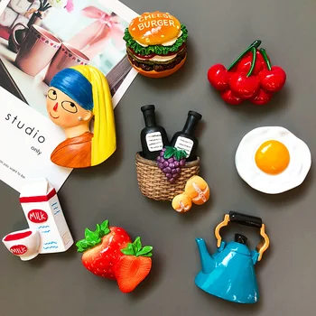 aranyos rajzfilm mágnes dekoráció Hamburger, tojás, tej, hűtő mágnesek díszítő gyümölcs mágneses élelmiszer-Cseresznye teáskanna eper