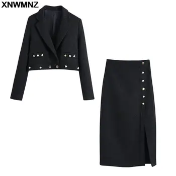 XNWMNZ Nők 2021 Divat vágott gombos blézer kabát Vintage zsebek, Hosszú Ujjú Női Felsőruházat, Elegáns rövid kabát