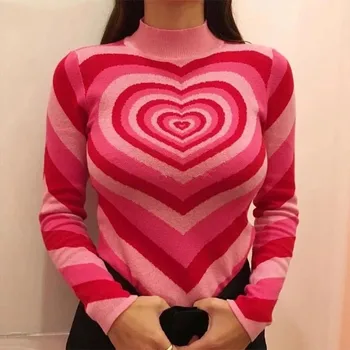 A szerelem csíkos pulóver színe megfelelő szivárvány retro magas nyakú, vékony pulóver női őszi Y2K rózsaszín szív alakú kötött pulóver