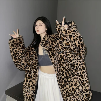 Harajuku Streetwear Vintage Gyapjú Leopárd kétoldalas Kialakítás Teljes Ujja Cipzárral PU kabát Kabát Alkalmi Melegen Outerweat