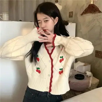 Őszi 2021 Kötött Kardigán Gomb Koreai Aranyos Cseresznye Nyomtatás Pulóver, Rövid Kardigán Nők Kawaii Pulóver, Kötött Felsők Streetwear