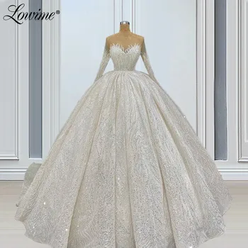 Muszlim Gyöngyök Luxus Hosszú Ujjú Esküvői Ruhák Couture-Vonalat Flitterekkel Esküvői Ruhák Ivory Menyasszony Ruha, Köntös De Mariage 2021