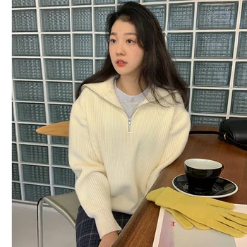 A Koreai Stílus Nők Pullovers Polo Kötött Egyszerű Hajtóka Pulóver Őszi Téli Alkalmi Hosszú Ujja Cipzárral Csíkos Pulóver Maximum 2021