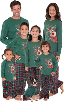 A szülő-Gyermek Karácsonyi Pizsama, Rénszarvas Nyomtatás Hosszú Ujjú Felsők Kockás Nadrág Loungewear az Apa, Anya, Gyerekek