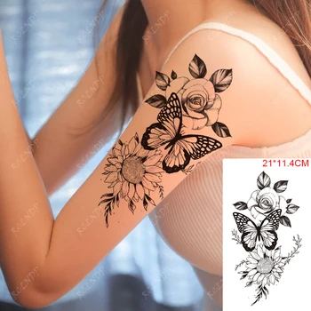 Vízálló Ideiglenes Tetoválás Matricák Rose Nap Virága Pillangós Body Art Karját, Lábát Hamis Tatto Flash Tetoválás a Nők, Férfiak 1