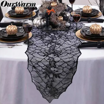 OurWarm Halloween Party Fekete Pók Csipke asztali futó Terítő Kísért Haza Horror Kellék Halloween Dekoráció 188*55cm