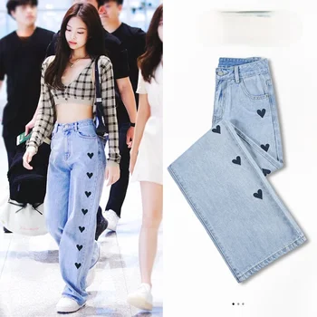 Kpop Koreai Hírességek, Magas Derék Jeans Női Láb Széles Farmer Nadrág Kék Streetwear Vintage 2022 Divat Laza Egyenes Nadrág
