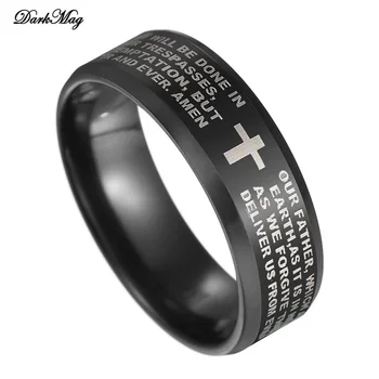 DarkMag Rozsdamentes Acél Fekete Színű Jézus Kereszt Gyűrű Levél Biblia Ima Ujj Gyűrű A Férfiak 8 mm-es Amulett Ékszer