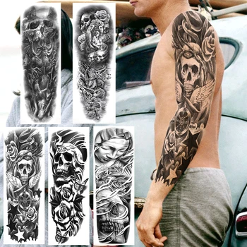 Reális Teljes Kar Hamis Koponya Ideiglenes Tetoválás A Férfiak A Nők Rose Iránytű Body Art Tetoválás Matrica Eldobható Angyal Szörny Tetoválás