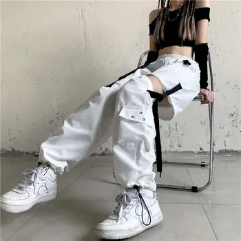 A Nők Koreai Techwear Emo Fehér Streetwear Nadrág Y2k Harajuku Laza Patchwortk Alt Magas Derék Alkalmi Nadrág Kivehető